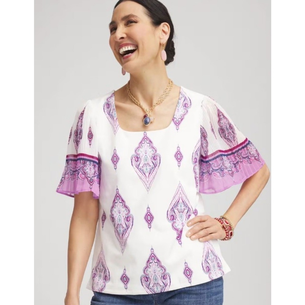 Chicos Womens Square Neck Pleated Flutter Sleeve‎ Tee Size Large Purple White